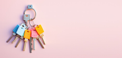 Creative concept of home protection, security system. A bunch of metal keys isolated on a pastel flat pink background with copy space for text. Generative AI.