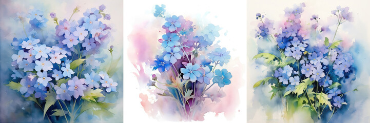 Fototapeta na wymiar Set with watercolor composition of forget-me-nots flowers