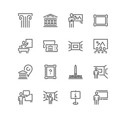 Set of museum related icons, tourist group, art gallery, sculpture, demonstration and linear variety vectors.