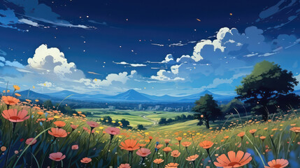 Obraz na płótnie Canvas Digital anime style art painting of flowers landscape with cloudy sky