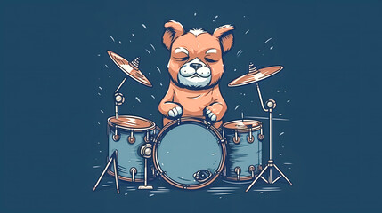 Cute dog playing drum cartoon illustration, generative AI. - obrazy, fototapety, plakaty