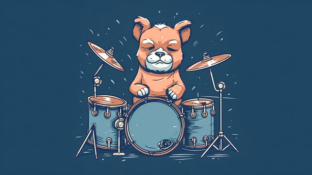 Cute dog playing drum cartoon illustration, generative AI.