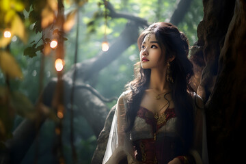 Pretty Asian Girl Amidst Ancient Trees and Soft Light In Mystical Forest. Generative AI