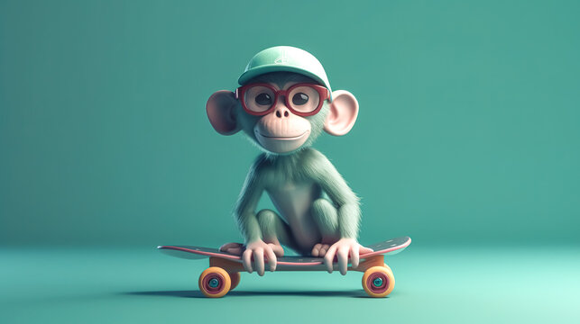Funny monkey rides a skateboard, generative AI.
