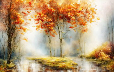 Fototapeta na wymiar An autumn trees with orange leaves in the rain, Oil painting style illustration. Generative Ai.