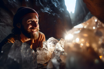 The man human found many precious crystals shining illuminating the face. Generative AI.
