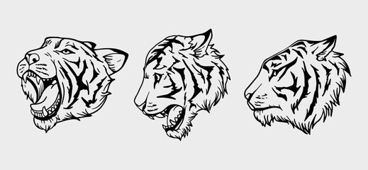 black and white tiger head vector illustration consisting of three images