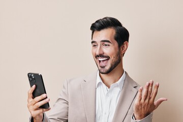 man smartphone happy portrait hold suit call phone smile confident business