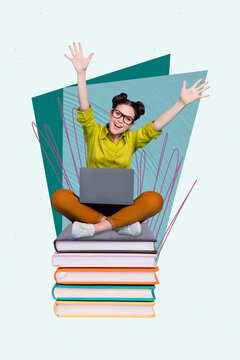 Vertical collage picture of positive overjoyed mini girl sit big pile stack book use netbook isolated on creative background