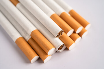 Cigarette, tobacco in roll paper with filter tube, No smoking concept.
