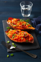 twice baked sweet potato with cheese and chorizo sausage