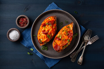 twice baked sweet potato with cheese and chorizo sausage