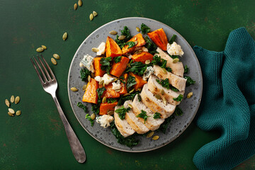 chicken breast with sweet potato, blue cheese and kale. healthy lunch - obrazy, fototapety, plakaty