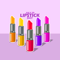 Several lipsticks standing with different colors, with bold text on pink background to celebrate National Lipstick Day on July 29