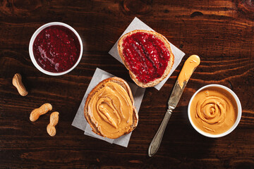 smooth peanut butter and jam bread toast, american traditional sandwich