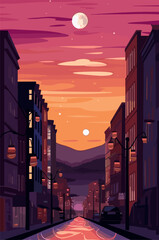 Norway city landscape in the evening. Vector flat illustration.