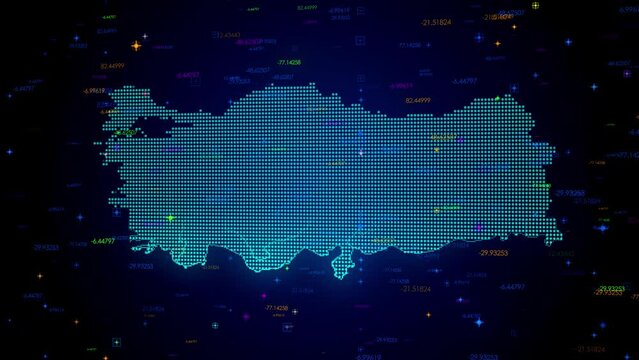Futuristic Motion View Blue Colorful Shiny Digital Technology Hud Dots Mosaic Grid Turkey Map Separate Regions Light Scanning With Numeric Tech Particles, Seamless Loop
