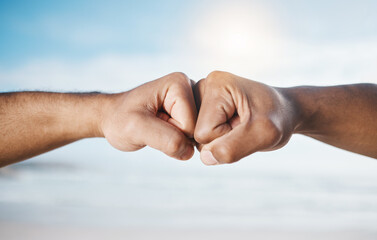 Man, hands and fist bump for partnership, unity or collaboration in deal or agreement outdoors....