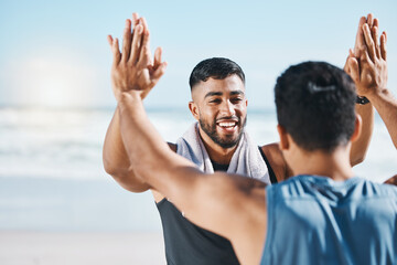 High five, training success and people at beach celebration, winning and workout goals or teamwork....
