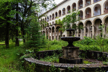 Ruined overgrown old abandoned Soviet sanatorium Iveria, Tskaltubo, Georgia