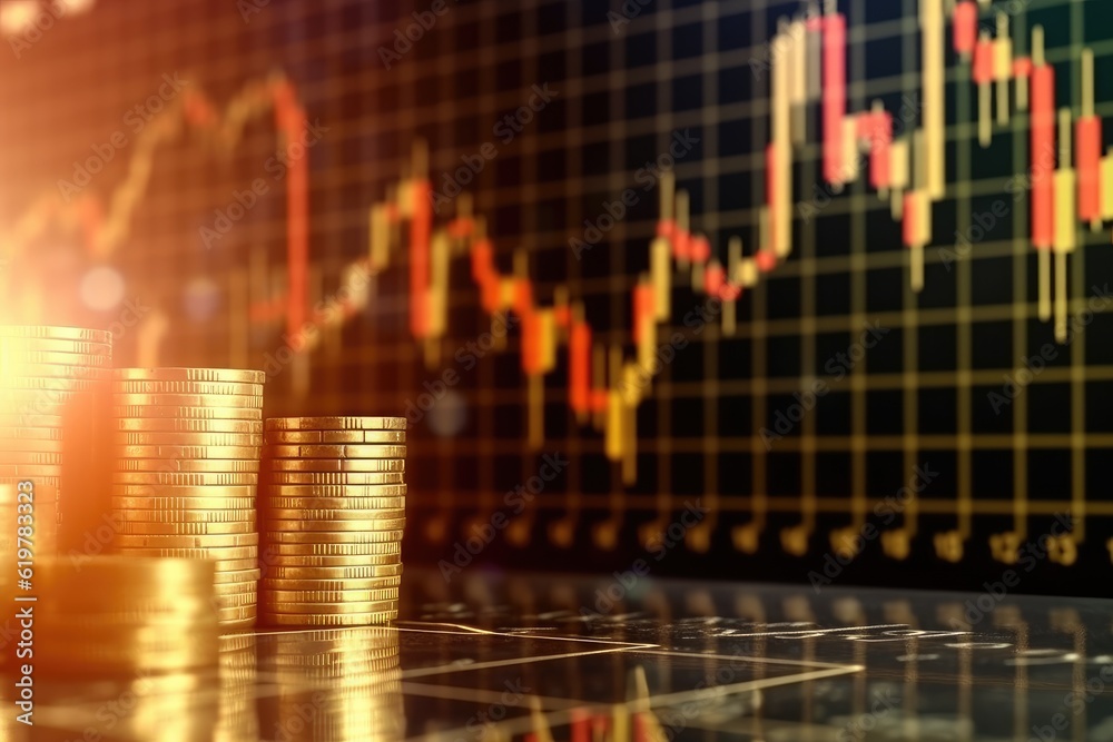 Poster coins in the stock market. shares graph representing investment - generative ai