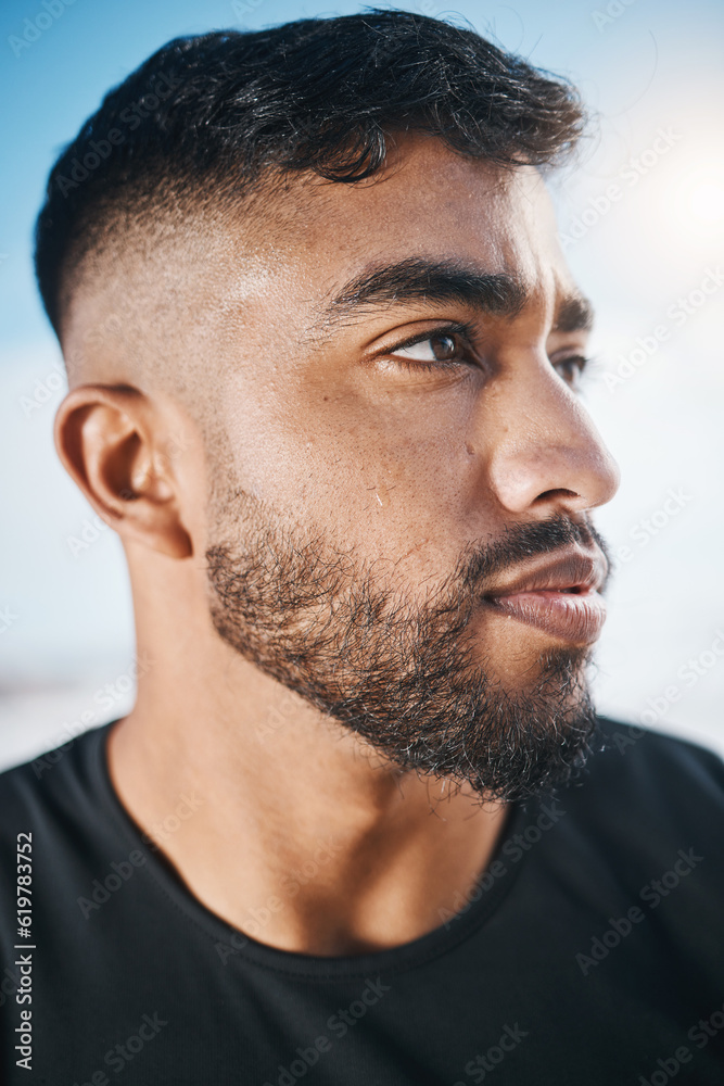 Poster Thinking, fitness and closeup of man for exercise, marathon training and cardio workout in nature. Sports, blue sky and face of Indian male person outdoors for wellness, healthy body and running