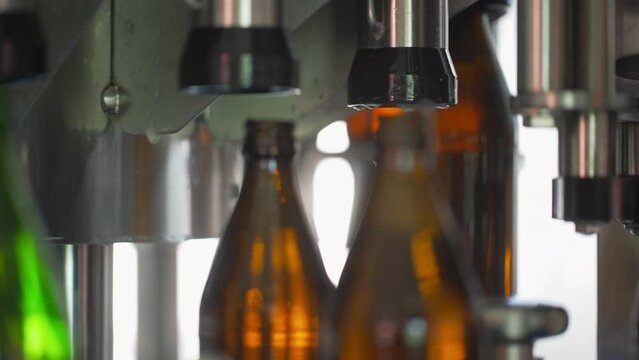 Bottling Line. Brewing technology. Bottles Moving on Conveyor Belt at Glass Bottle Factory. Clean beer bottles are moving along the conveyor
