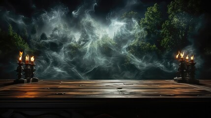 Wooden table with smoke in the background. Candles on the table. AI generated