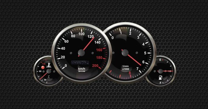 Car dashboard with gauges. Close-up on a black background, video clip in 4K.