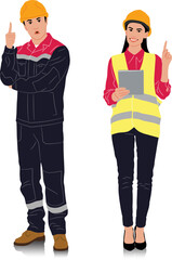 Obraz premium Hand-drawn set of male and female workers with helmets and vests in different poses and color options. Vector illustration isolated on white