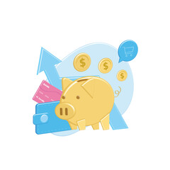 Golden pig piggy bank collects voluminous coins. 3d rich wallet with money, plastic, debit, credit cards. Accumulation of finances, account replenishment for purchases. Banking services, business.