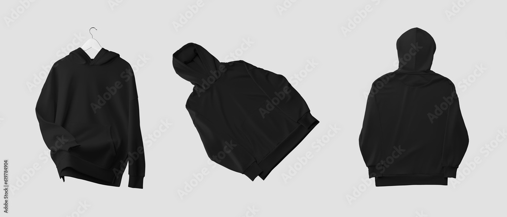 Canvas Prints Black long hoodie mockup on a hanger, with shadows, wrinkles, shirt presentation, front, back view, isolated on background. Set