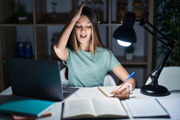 Teenager girl doing homework at home late at night surprised with hand on head for mistake,...