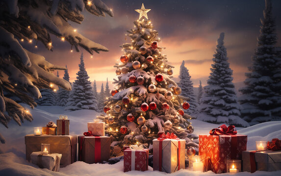 Christmas background. Xmas tree. Snowy outdoor setting with a charming Christmas tree  Generative AI