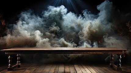 Empty wooden table with abstract smoke background and light coming from above. AI generated