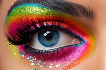 Closeup macro generative ai woman eye. Look with colorful rainbow pattern makeup. Pride face wallpaper
