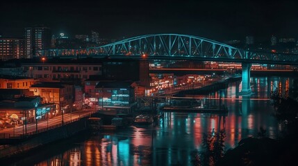 Great bridge in the city at night. Generative AI