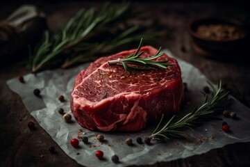 Raw beef steak with rosemary on the dark background. Generative AI