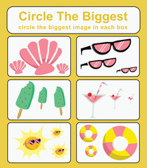Educational game for children. Circle the biggest object in each box. Printable activity page for kids. Vector file. 