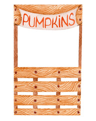 Watercolor illustration, wooden pumpkin market with banner isolated on white background. For various cards, festival etc