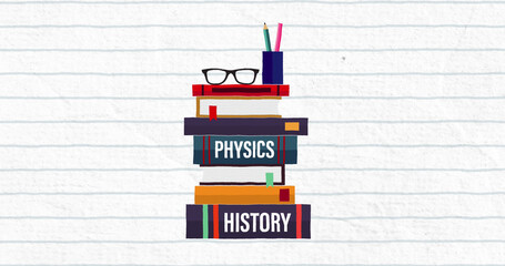 Composite of stack of books and glasses over ruled paper background - obrazy, fototapety, plakaty