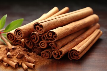 Extra big fragrant cinnamon sticks isolated on simple background generative ai