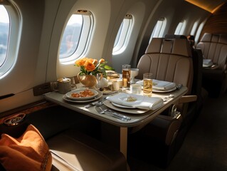 A private jet in the style of modern with a dining set on the table, sunlight shines through a window. Generative AI