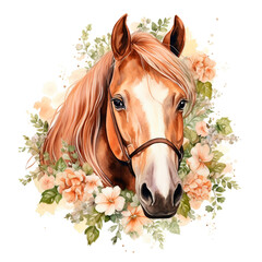 Brown Horse in floral plant spring frame, circle, wreath with peonies and roses isolated on white background. Portrait, head. Watercolor. Illustration