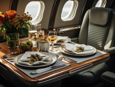 A private jet in the style of modern with a dining set on the table, sunlight shines through a window. Generative AI