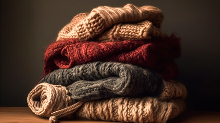 Fototapeta na wymiar Background of knitted clothes folded in a pile, generative AI.