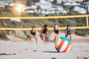 Ball, beach and volleyball sports with people together for fitness challenge or competition. Young men and women or athletes ready for exercise, workout or fun game outdoor in nature, sea or sand