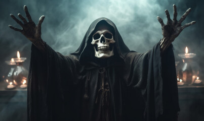 night ghost hood horror creepy skeleton halloween fear death evil. Generative AI.
