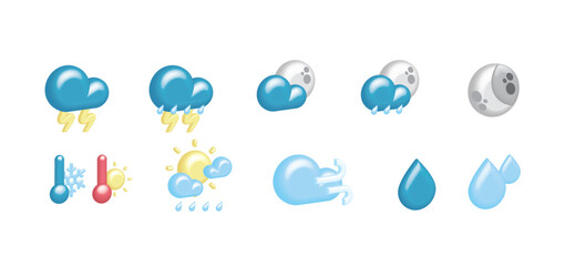 Obraz premium Meteorological set of weather forecast with volumetric, cartoon icons of the sun, clouds, wind, rain, drops, snowflakes with thermometer, thunderstorms, lightning of moon, months. Temperature climat.