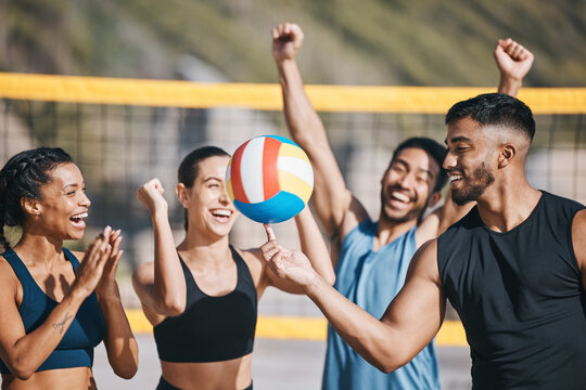 People, volleyball and team celebration on beach for winning, victory or sports achievement in nature. Happy group of athletes or friends with ball for volley championship or success on ocean coast